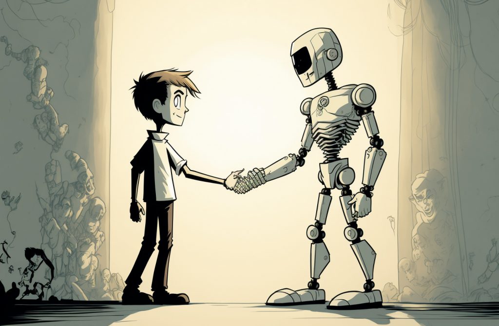 human and robot shaking hands